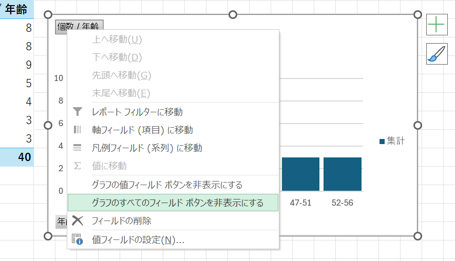 [グラフのすべてのフィールド ボタンを非表示にする] を選択